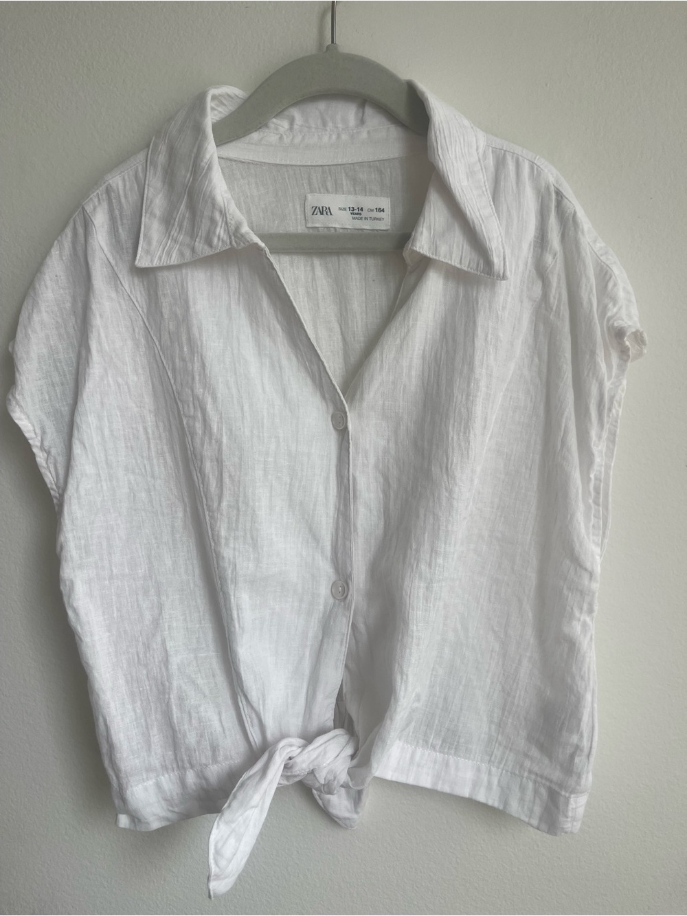 Zara Kids White Linen Tie-Front Short Sleeve Button-Down